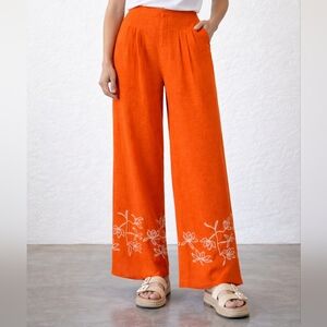 NWT Alex Marie Orange Comfy Wide Leg Linen Pants W/Embroidery Women Sz 14